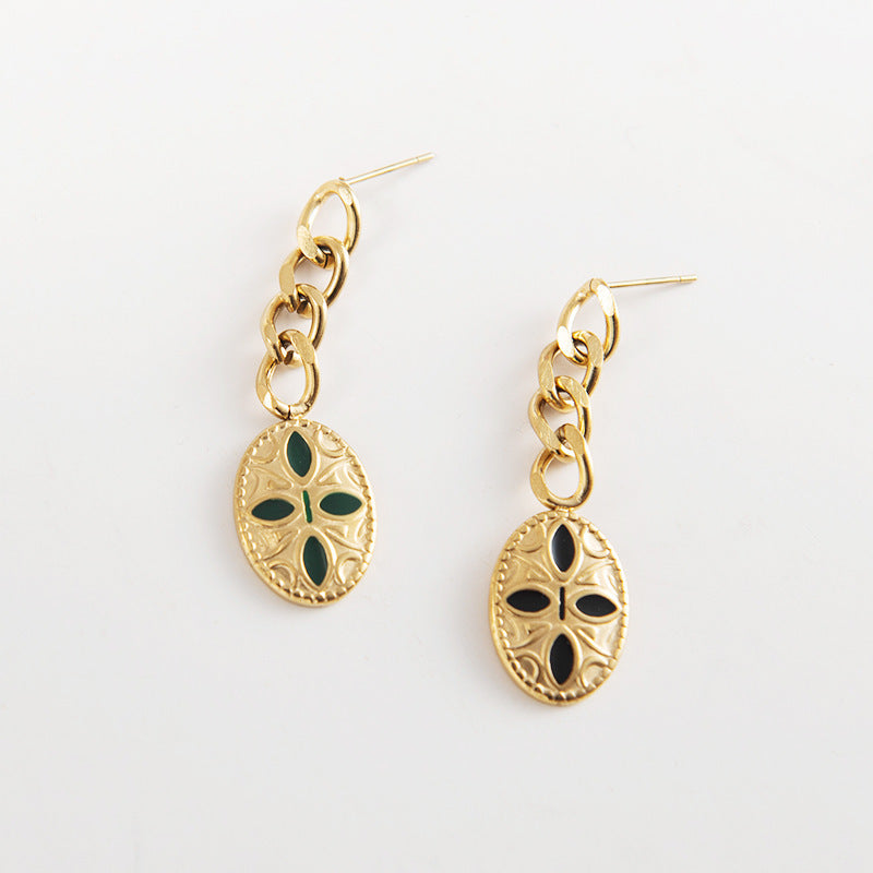 Titanium Steel Earrings Chain Oval Cross Shield